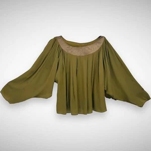 Theodore Vintage Silk Leather Trim Peasant Top Blouse Size 4 US FR 36 Retro - Picture 1 of 9