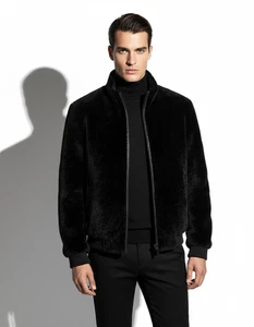 Chaqueta de bombardero de lujo negra de piel de Astracán genuina para hombre - Imagen 1 de 6