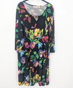 Susan Graver Dress Womens XL Black Liquid Knit Multicolor Floral Stretch Mature - Picture 1 of 9