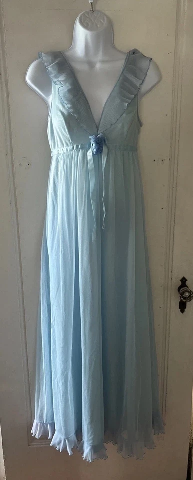 VTG Evette Blue Nightgown Empire Waist Long V Neck Nylon Pleated Trim  SZ SMALL - Image 1 of 4