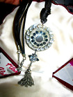 Fabulous Vintage leather cord sparkly rhinestone tassel pendant necklace