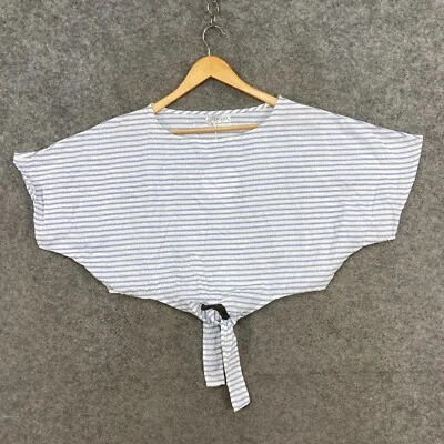 NEW Linen Lux Top Womens 10 Blue Striped Short Sleeve Cropped Blouse 30717 - Image 1 of 4