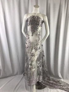 Silver Flowers Embroider On A 2 Way Stretch Mesh Lace-Prom-Nightgown-By The Yard - Picture 1 of 9
