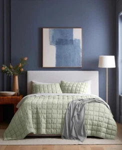 NWOT QUINCE EUROPEAN LINEN BOX QUILT SAGE FULL QUEEN COVERLET BOHO BEDSPREAD - Picture 1 of 12