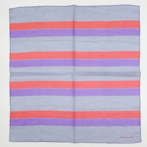 Christian Dior Gray Horizontal Pattern Red Purple Logo Cotton Scarf 18"x17" - Picture 1 of 8