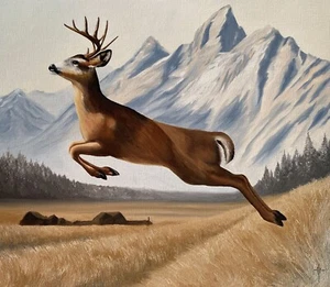 Original leaping deer oil painting signed & framed - 18"x15" - Picture 1 of 10