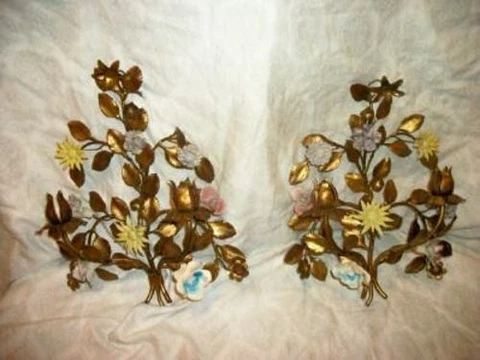 ITALIAN TOLE GILT PORCELAIN FLOWERS SCONCES FRENCH FARMHOUSE ANTIQUE 1930s Cover
