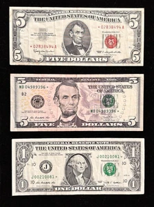 Lot of 3 STAR NOTES 1963 $5 RED SEAL, 2013 $5, 2009 $1 -circulated - Picture 1 of 7