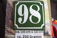  Hausnummer Nr. 98 weiße Zahl auf gras - grünem Hintergrund 14cm x 14cm Emaille