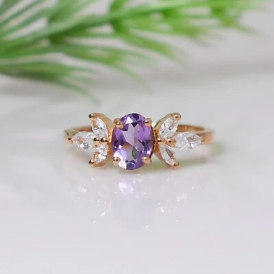 Anillo de amatista natural, anillo de plata de ley 925 ovalado de piedras preciosas púrpuras anillo para mujer Foto 1 de 3
