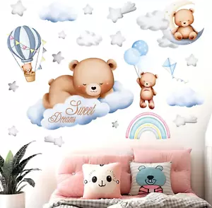 Teddy Bear Sleeping Wall Decals Moon and Stars Hot Air Balloon Wall Stickers - Picture 1 of 12