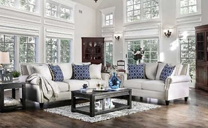 ON SALE - 2 piece Living Room Beige Linen Textured Fabric Sofa Loveseat Set GDX - Picture 1 of 7