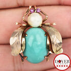 Vintage Sapphire Turquoise 7mm Pearl 14K Gold Bee Bug Pin 8.8 Grams NR