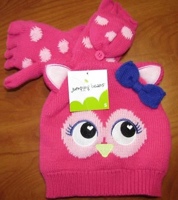 全新 JUMPING BEANS 女孩 粉色 OWL 帽子和手套 套装 带手指罩 尺寸 S — 第 1/2 张图片