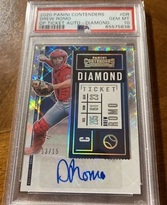 2020 Panini Contenders DP Ticket /15 Drew Romo #DPT2-DR Auto PSA 10 - POP 1  - Image 1 of 2
