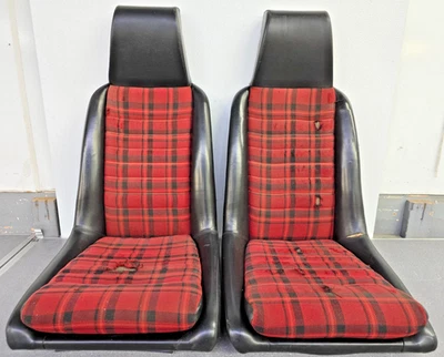 NICE PAIR OF USED ORIGINAL GENUINE PORSCHE 914 914-6 RED PLAID BUCKET SEATS #2 - Image 1 of 4