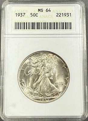 1937 年 Walking Liberty 半美元 50 美分 - ANACS MS64 - PQ 旧肥皂盒支架 — 第 1/2 张图片