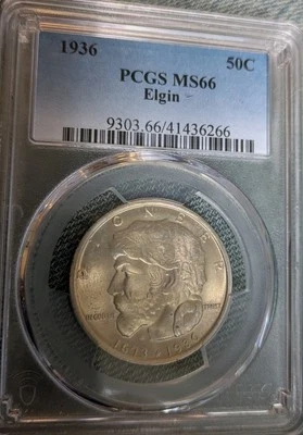 1936 ELGIN Illinois COMMEMORATIVE HALF DOLLAR PCGS MS66 Some Toning  666 - Image 1 of 4