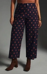 Anthro Maeve Colette Navy Rust Polka Dot Wide Leg Trouser Pants Womens 27P - Picture 1 of 7