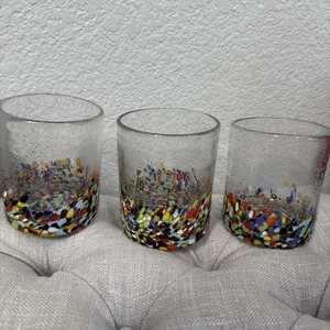 3 Konfetti Gläser Lowball Rocks altmodische Becher mundgeblasen 4" hoch multi - Bild 1 von 10
