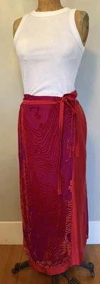 Stunning Women’s Silk Wrap Maxi Floral Velvet Burnout Red Fuchsia 34” Waist SZ L - Image 1 of 4