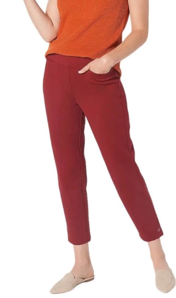 Pantalones al tobillo Joan Rivers Signature tejidos con detalle a presión Claret Petite 1X A452488 Foto 1 de 1