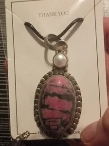 ~ Stunning Rhodonite and Pearl Necklace Healing Stone Wicca Pagan 18" - Picture 1 of 2