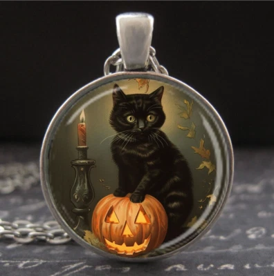 Colar de abóbora gato preto pingente de arte de Halloween Jack-O-Lantern joias feitas à mão - Imagem 1 de 3