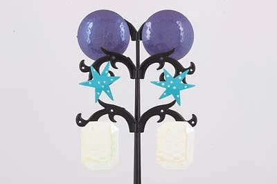 3 PENDIENTES BLANCO RECTÁNGULO, PÚRPURA REDONDO Y TURQUESA ESTRELLA MODA 4676B Foto 1 de 2