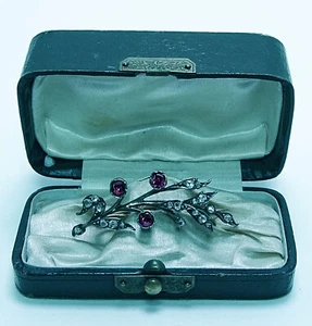 Antiguo broche eduardiano corte rosa diamante rubí spray caja oro 14K - Imagen 1 de 3