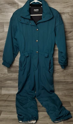 Traje de esquí de nieve de una pieza Roffe Puffer vintage de los años 80 azul verde talla 10 con cinturón Foto 1 de 4