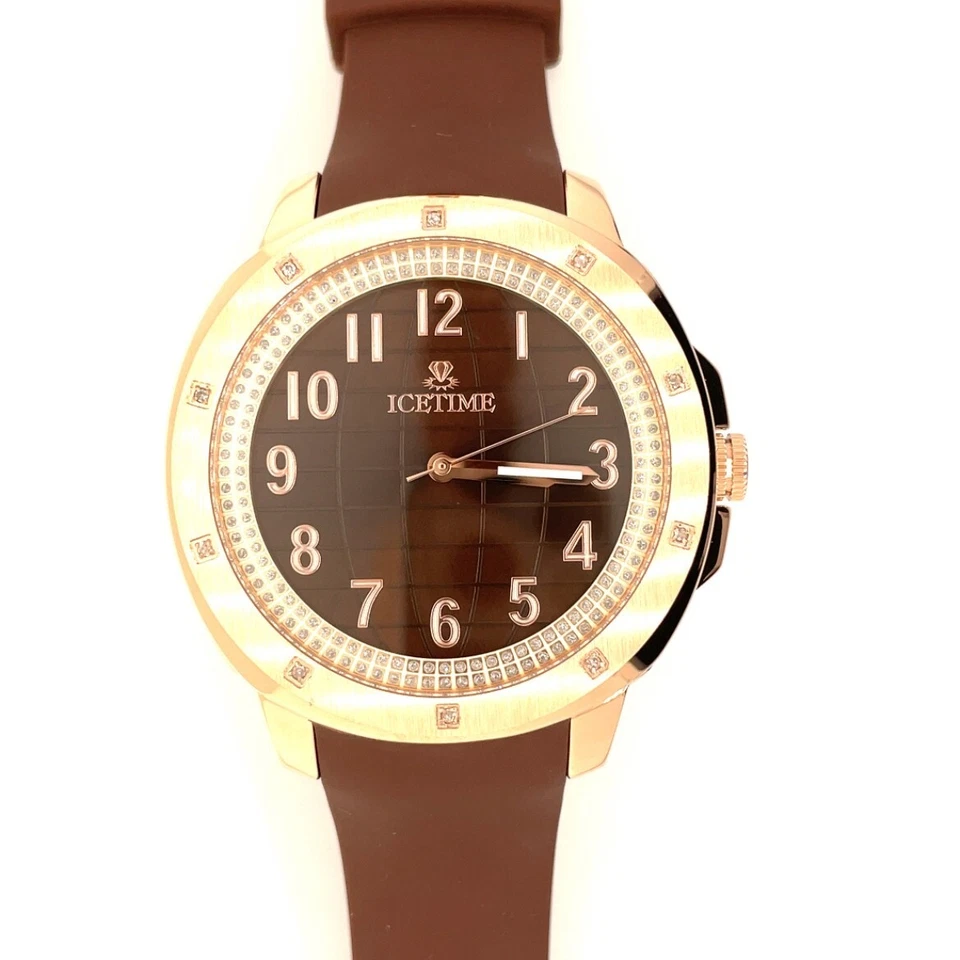 Relógio masculino IceTime 42 mm ouro rosa aço diamantes gelados mostrador marrom AB102 - Imagem 1 de 4