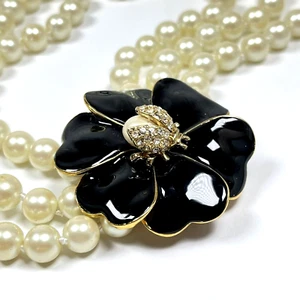 STELLA & DOT Kelly Pearl Flower Clasp Pavé Ladybug Necklace Multi 3 Strand 20" - Picture 1 of 15