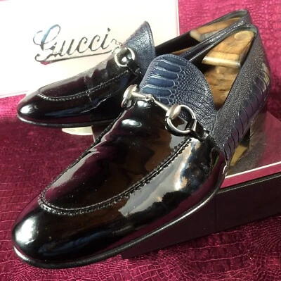 $3,200 Mens Blue Gucci Ostrich Patent Leather Loafers Sz 10.5 D US Made In ITALY - Image 1 of 4