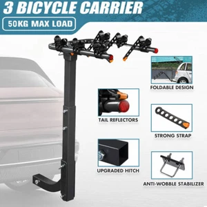 3 Bike Rack Bicycle Car Rear Carrier 2" Steel Foldable Tow Hitch Mount Towbar - Picture 1 of 12
