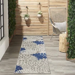 Nourison Aloha Indoor/Outdoor Floral Ivory/Navy 2'3" x 12' Area Rug (12' Runner) - Picture 1 of 5