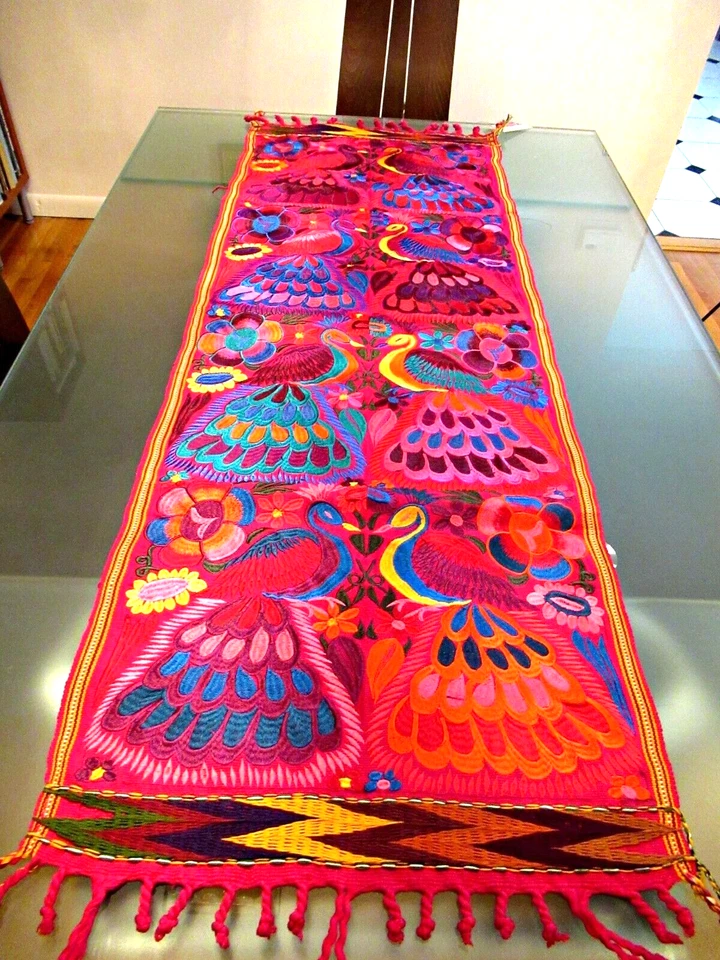 MEXICAN MAYA HAND MADE TABLE RUNNER TOPPER SILK EMBROIDERY PEACOCKS from CHIAPAS - Image 1 of 4