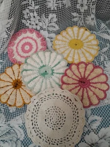 6 Small Coaster Size Doilies Vintage Light Discoloration Handmade - Picture 1 of 13