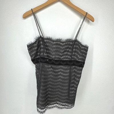 Camiseta sin mangas Ann Taylor Babydoll cami negra superposición de encaje con cuentas ribete de terciopelo talla 6P Foto 1 de 4
