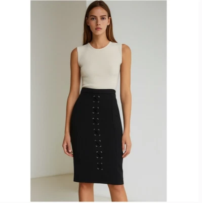 Falda Carmen Marc Valvo Negra Frontal Tono Plateado Ojales Midi Línea A Tejida Talla 2 Foto 1 de 4