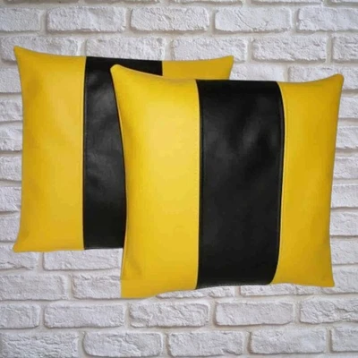 New Yellow & Black Leather Cushion Cover 100% Pure Lambskin Home & Decorative - Image 1 of 2