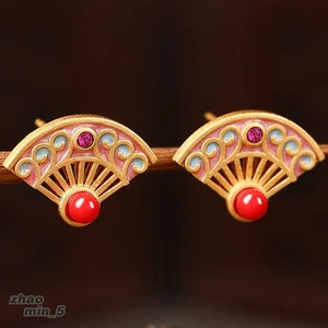 Vintage Fan Stud Earrings Rhinestone Drop Dangle Earring Gold Tone Jewelry Party - Picture 1 of 4