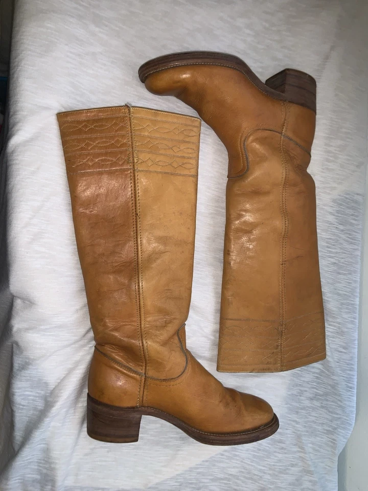 Vtg 60s 70s Frye Campus Boots Womens 6 Banana Tan Square Toe Black Label - Image 1 of 4