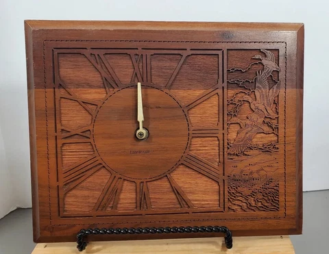 Beautiful Vintage Lasercraft Walnut Wall Clock with Flying Geese - Test & Works! Cover
