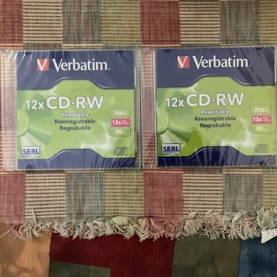 Brand New Sealed Verbatim CD-RW 700MB 12X High Speed Branded 2-Pack Slim Case - Image 1 of 2
