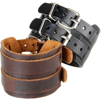 2 Layer Men Bracelet Wristband Soft Leather Cuff Bangle Punk Black/Brown US - Image 1 of 4