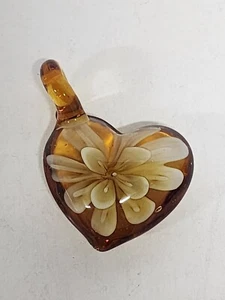 Amber Colored Glass Heart White Flower Inside Fashion Pendant Loop - Picture 1 of 13