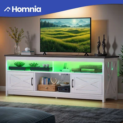 Consola con soporte de TV para TV de 75 pulgadas con luces LED y tomas de corriente y estantes abiertos Foto 1 de 4