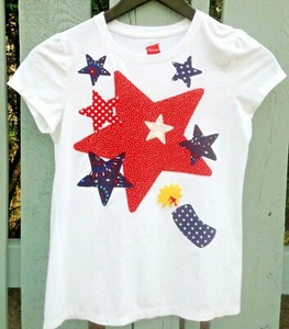 Girls ss white tee, Hanes, size L, added 7 star and firecracker appliques - Picture 1 of 4