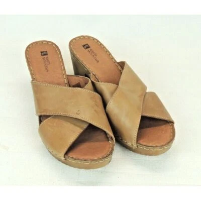 White Mountain Tan Leather Cross-Strap Comfort Wedge Sandals Slip-On Mules 9 - Image 1 of 4